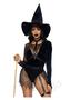 Leg Avenue Crafty Witch Snap Crotch Velvet Bodysuit With Distressed Net And Attached Garter, Choker Body Harness, And Matching Velvet Witch Hat (3 Piece) - Medium - Black